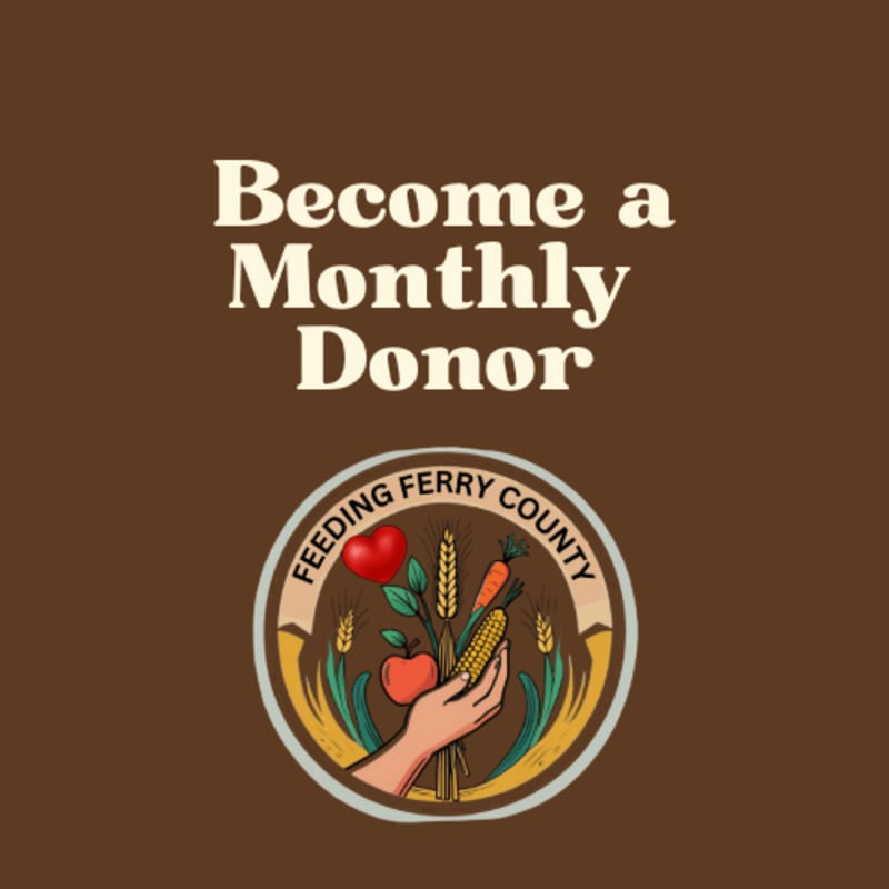 White text reading "Become a Monthly Donor" and a circular logo featuring a hand holding vegetables sit against a solid brown background.