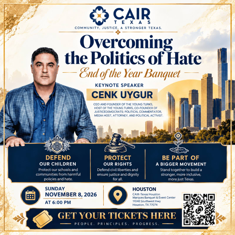 A man in a blue blazer stands in the foreground of an event flyer, set against a background of a city skyline and promotional text for a CAIR Texas banquet.