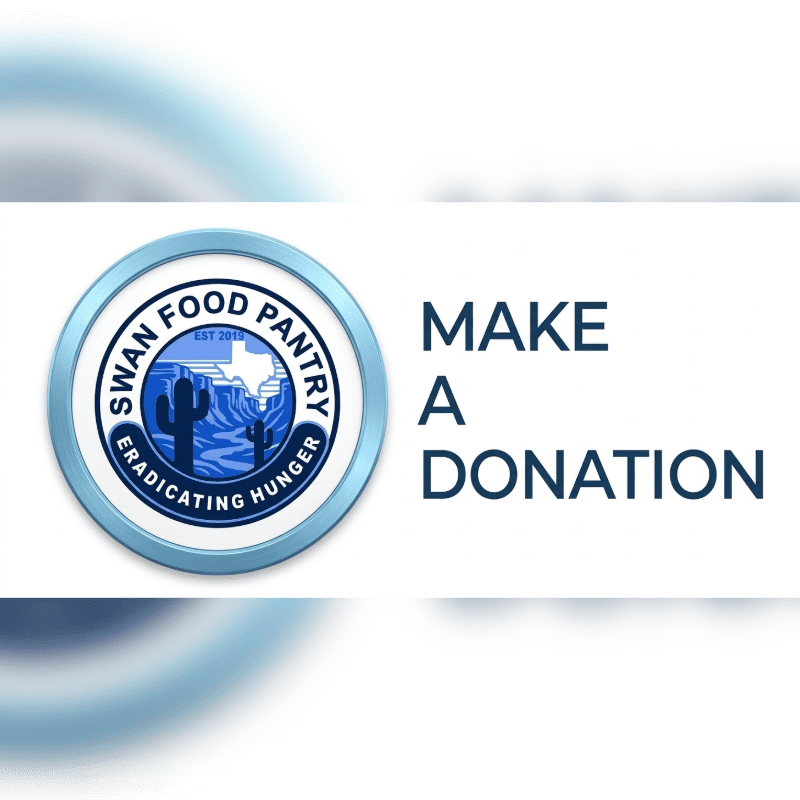 A circular logo for the Swan Food Pantry and the text "MAKE A DONATION" are centered on a white banner against a blurred blue and white background.