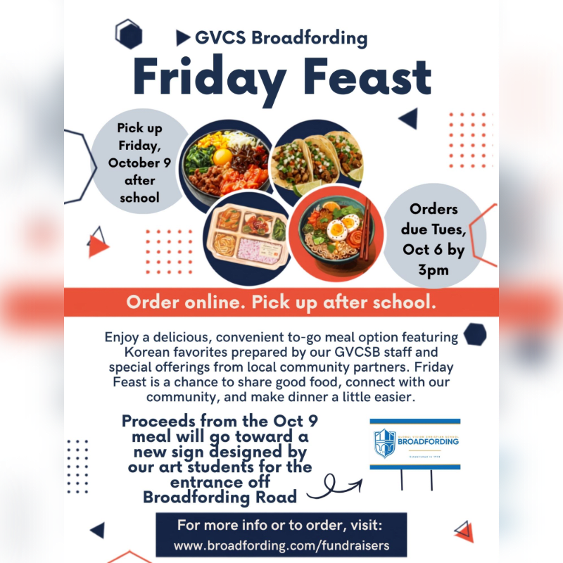 A promotional flyer for "Friday Feast" features colorful bowls of Korean and Mexican food in the center, set against a white and orange background with event details and ordering information.