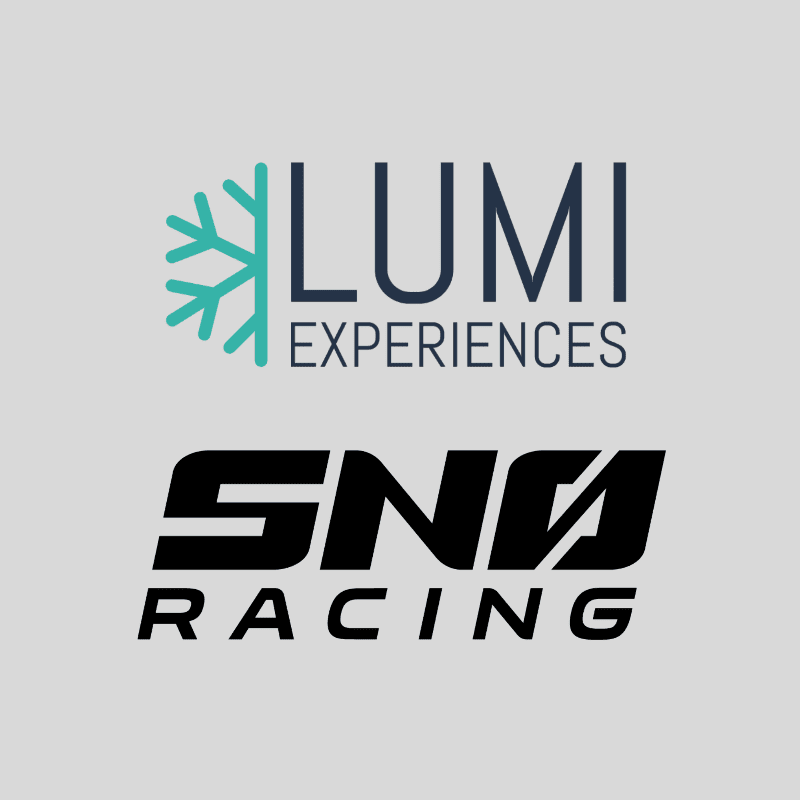 Two logos, "LUMI EXPERIENCES" with a teal snowflake and "SNO RACING" in bold black text, are centered against a plain light gray background.