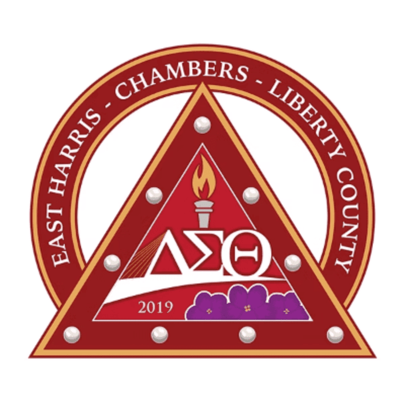 A red triangle with Greek letters and a torch in the foreground is surrounded by a circular band with text and decorative elements in the background.