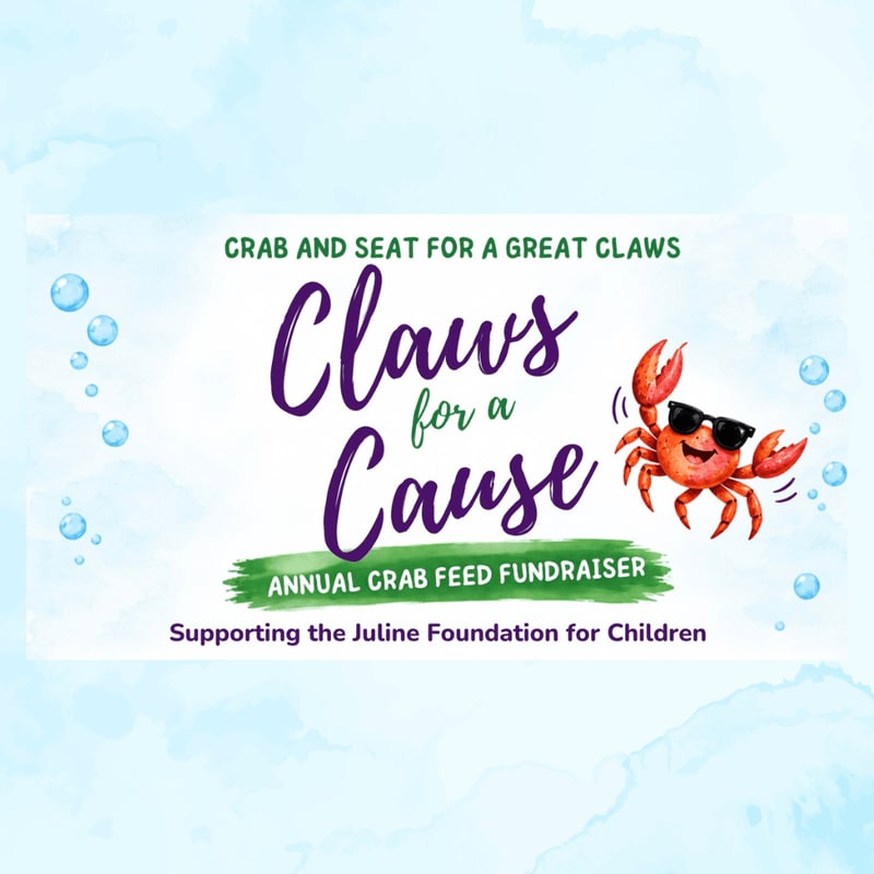 A cartoon crab wearing sunglasses and event text for a "Claws for a Cause" fundraiser are centered over a light blue, watery background with bubbles.