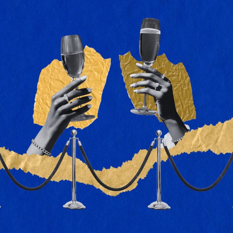Two hands holding champagne glasses emerge from torn gold paper behind a velvet rope against a solid blue background.