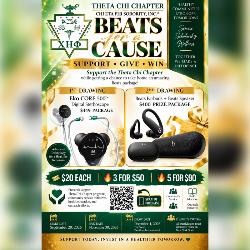 A promotional flyer for the Theta Chi Chapter's "Beats for a Cause" fundraiser features prize packages in the foreground against a green and gold shimmering background.