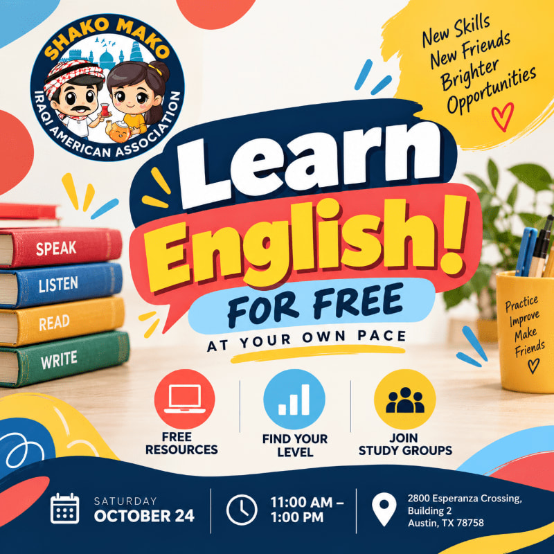 A colorful "Learn English!" advertisement features bold text and a stack of books in the foreground against a bright, illustrated background with event details at the bottom.