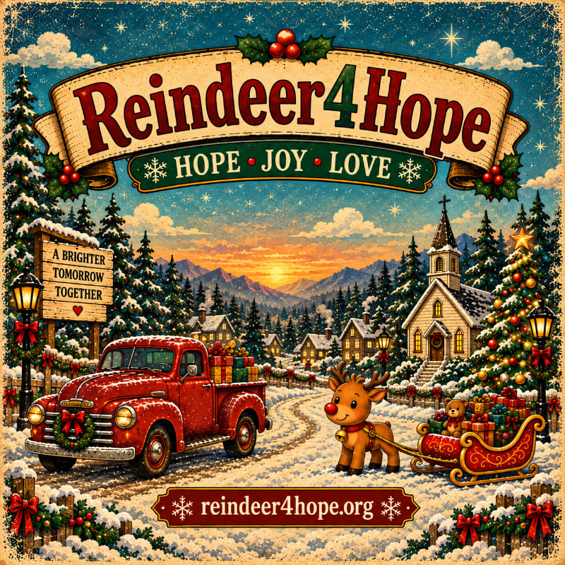 A red vintage truck and a reindeer pulling a gift-laden sleigh sit in a snowy village foreground, set against a backdrop of a small church, pine trees, and a glowing mountain sunset.