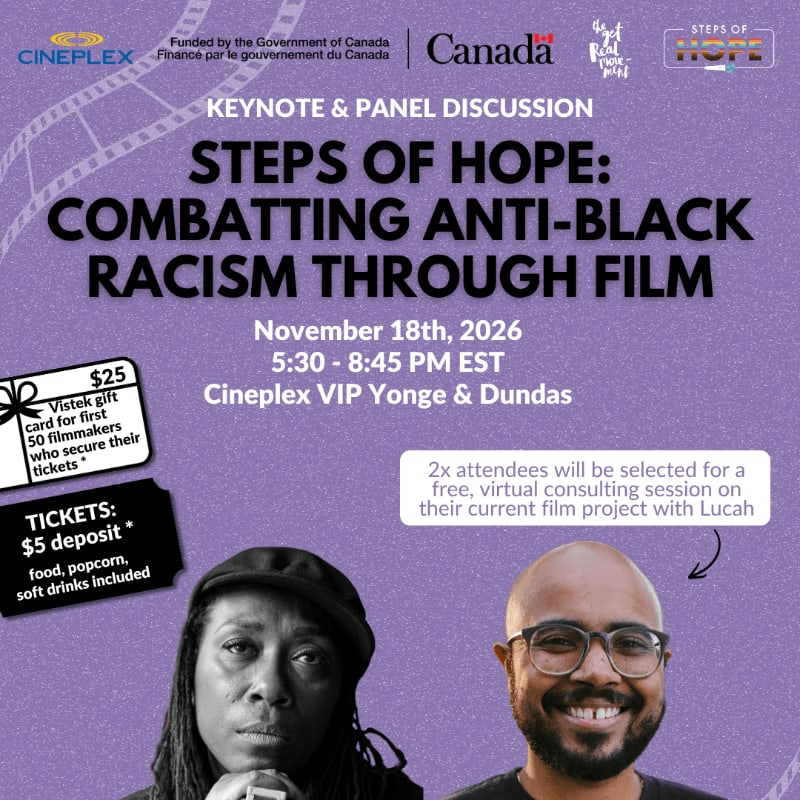Two people are featured in the foreground of a purple promotional flyer for a film discussion event.