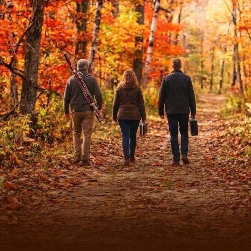 Three people walk away down a leaf-covered path through a forest of vibrant autumn trees.