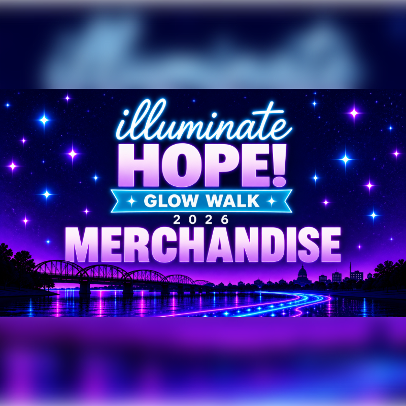 Bold white and purple text advertising "Illuminate Hope! Glow Walk 2026 Merchandise" sits above a nighttime cityscape featuring a bridge and glowing blue light trails reflecting in the water.