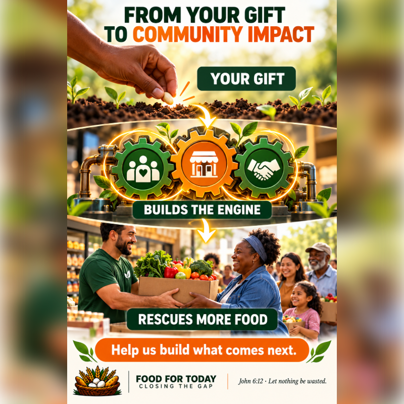 An infographic featuring a hand planting a seed above mechanical gears, with a scene of volunteers distributing fresh produce to a community in the background.