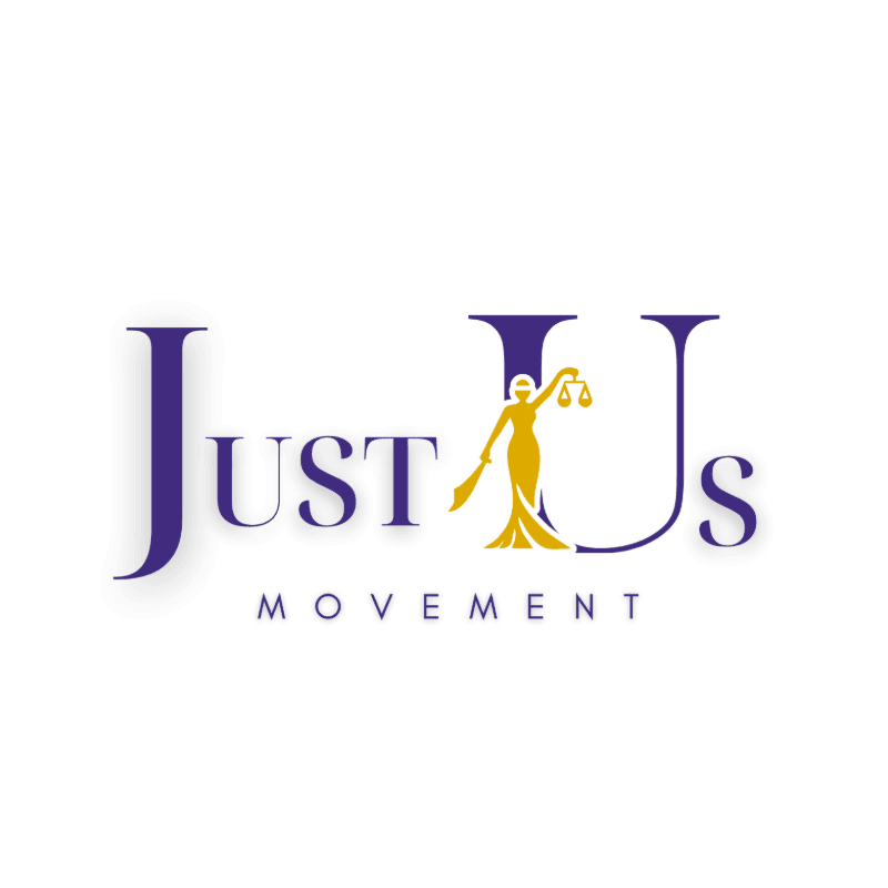 A purple "Just Us Movement" logo featuring a yellow Lady Justice icon is centered against a plain white background.