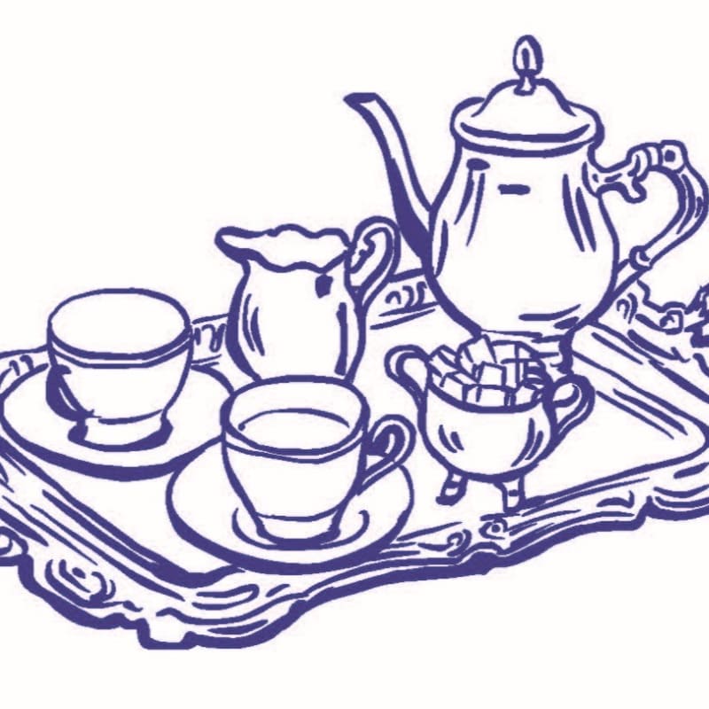 A purple line drawing of a tea set with a teapot, creamer, sugar bowl, and two cups on a tray against a plain white background.