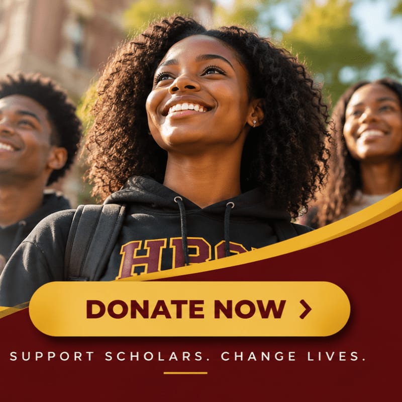 A smiling young woman with curly hair stands in the foreground with other students, set against a blurred outdoor campus background and a maroon donation banner.