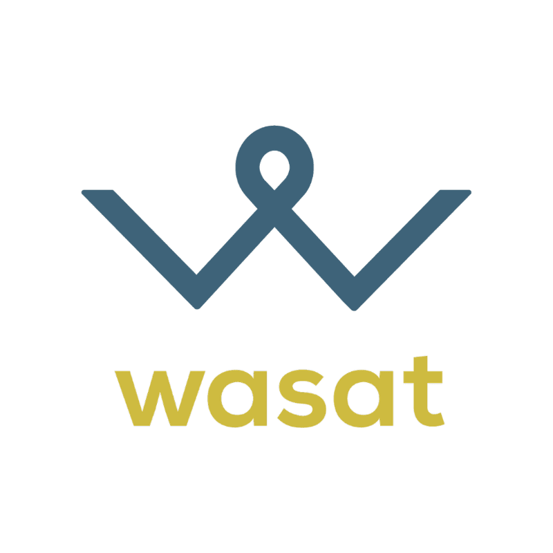 A blue stylized "W" logo with a loop sits above the yellow text "wasat" against a plain white background.
