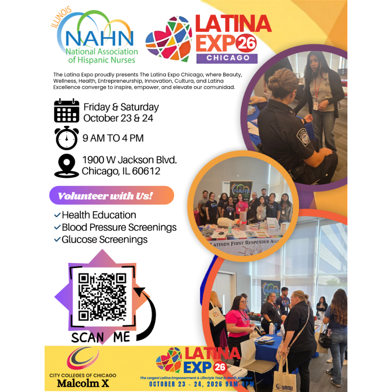 A promotional flyer for the Latina Expo 26 features event details and volunteer opportunities in the foreground, with photos of attendees and organizers in the background.