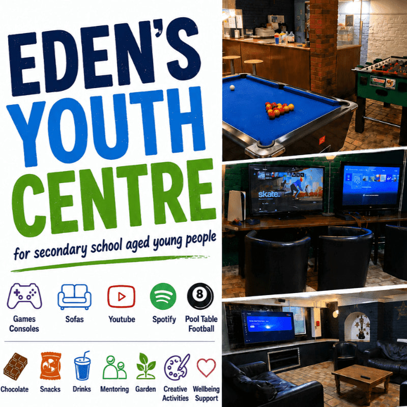 A collage displays the "Eden's Youth Centre" logo and various activities offered, with the foreground featuring icons for games, snacks, and support, while the background shows images of a pool table, gaming consoles, and a lounge area.