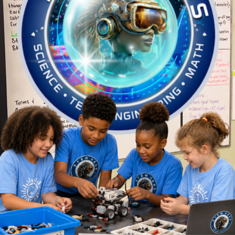 Four children in blue t-shirts build a robot in the foreground, set against a background featuring a whiteboard and a large circular graphic of a futuristic character.