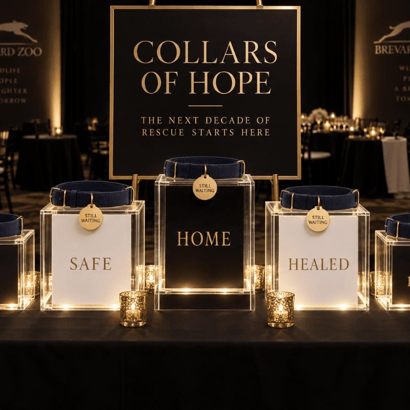 Several clear acrylic boxes holding blue collars and labels like "SAFE," "HOME," and "HEALED" sit on a black table in the foreground, with a "COLLARS OF HOPE" sign and a dimly lit event space in the background.