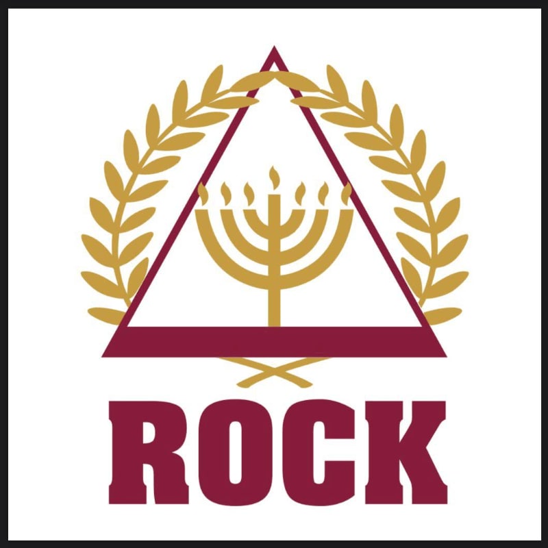 A gold menorah and olive wreath are centered within a maroon triangle above the word "ROCK" on a plain white background.