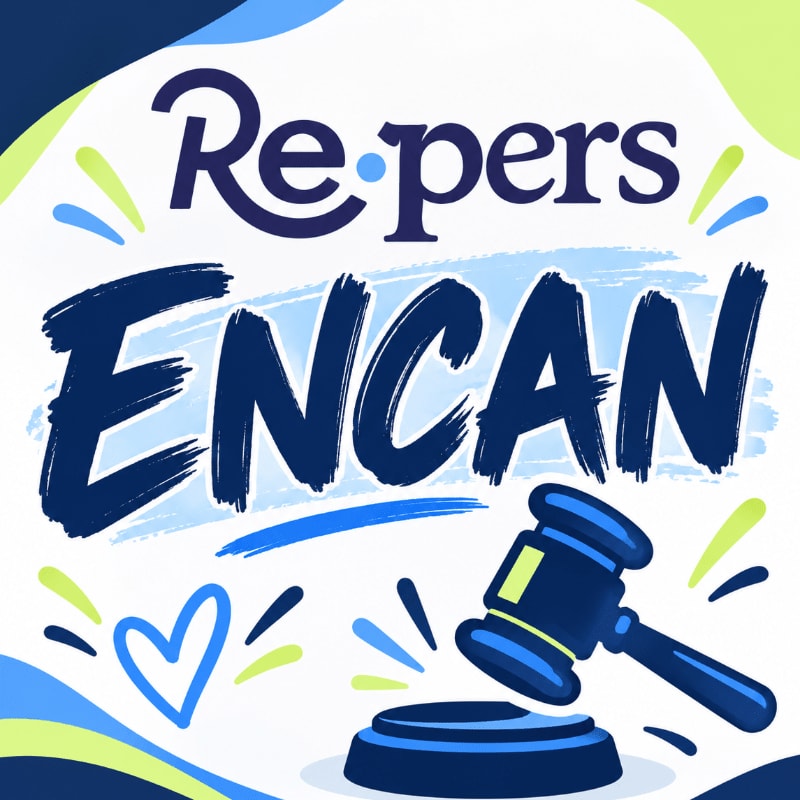 A blue judge's gavel and sound block sit in the foreground below the bold text "Re-pers ENCAN" against a white background with colorful abstract swirls.