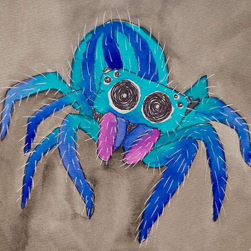 A blue, hairy spider with large eyes and purple fangs is centered against a muted, greyish-brown background.
