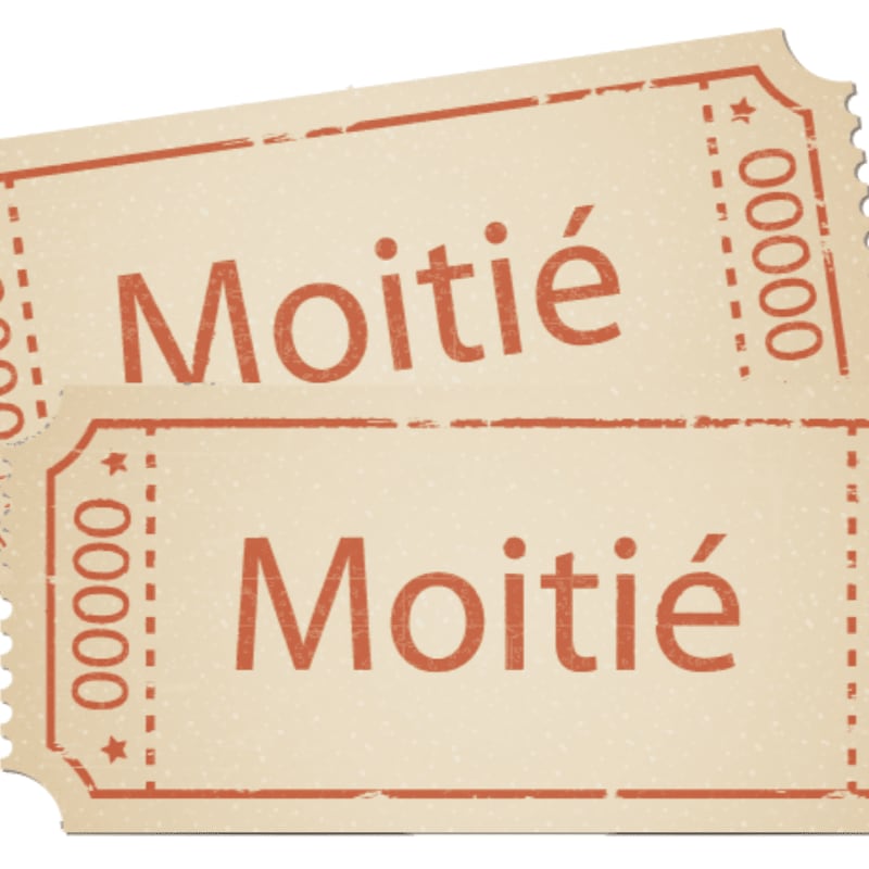 Two beige tickets with the word "Moitié" printed in red are stacked against a plain white background.