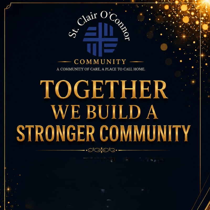 Gold text and a logo for the St. Clair O'Connor Community are centered against a dark blue background with shimmering gold sparkles in the upper right corner.