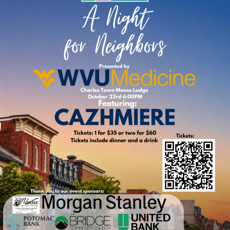 Event details for "A Night for Neighbors" are overlaid on a background featuring a brick building against a sunset sky.