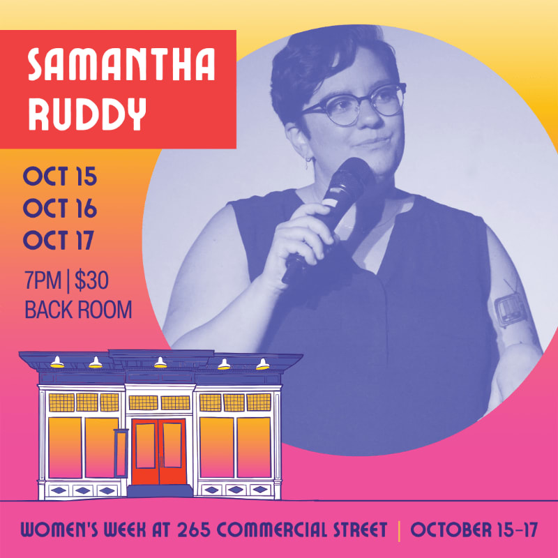 A purple-toned portrait of Samantha Ruddy holding a microphone is set against a vibrant yellow and pink background featuring event details and a stylized building illustration.