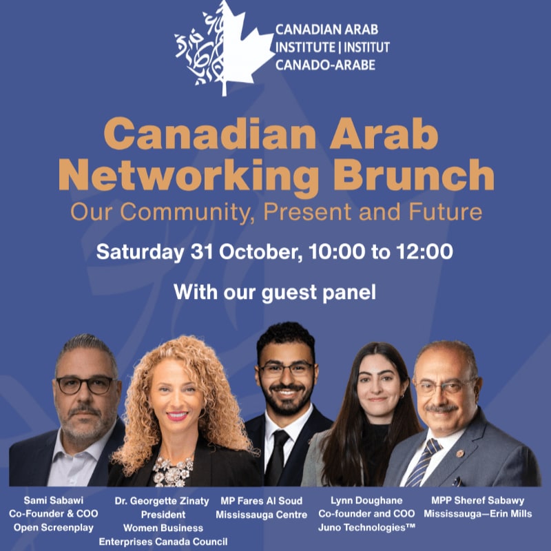Five panelist portraits and event details are displayed in the foreground against a blue background featuring the Canadian Arab Institute logo.