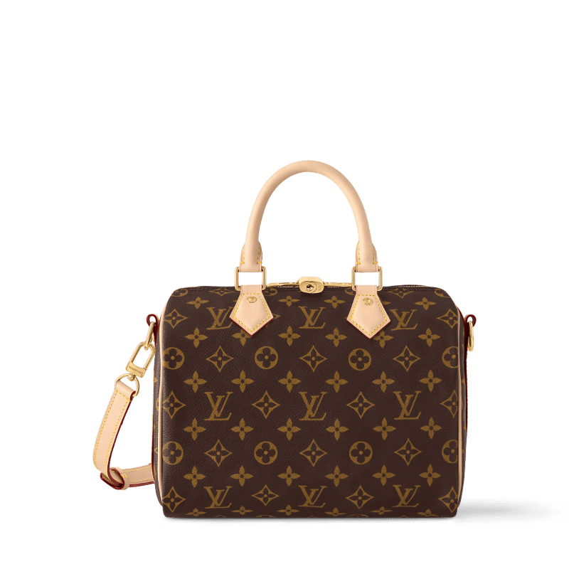 A brown Louis Vuitton monogram handbag with light beige handles and a strap sits against a plain white background.