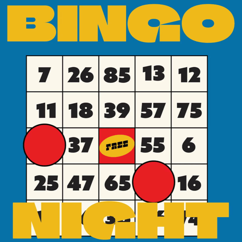 A bingo card with two red daubs and a "FREE" space is centered on a blue background with "BINGO NIGHT" text above and below.