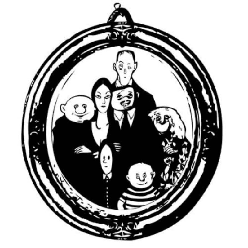A group of surreal, distorted figures is posed for a portrait inside a circular, ornate black-and-white frame.