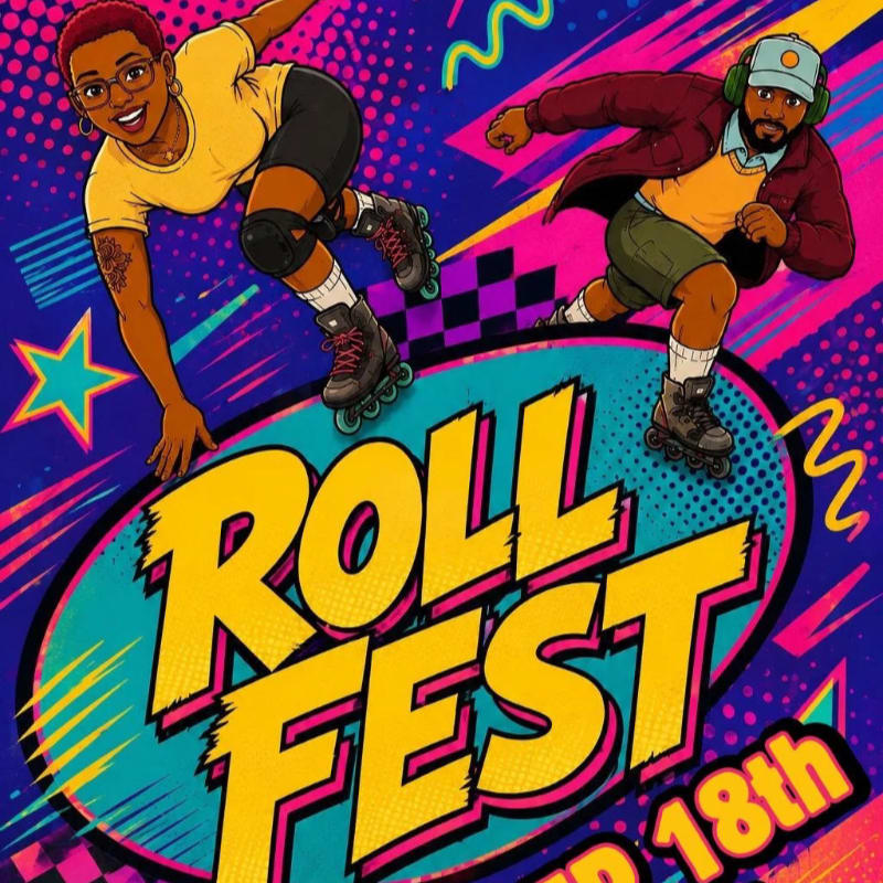 Two roller skaters glide above a large "ROLL FEST" logo against a vibrant, neon-colored abstract background.