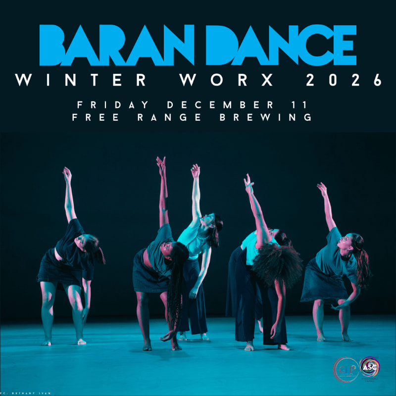 Five dancers perform expressive poses in the foreground against a dark, minimalist background, topped with bold blue and white event text.