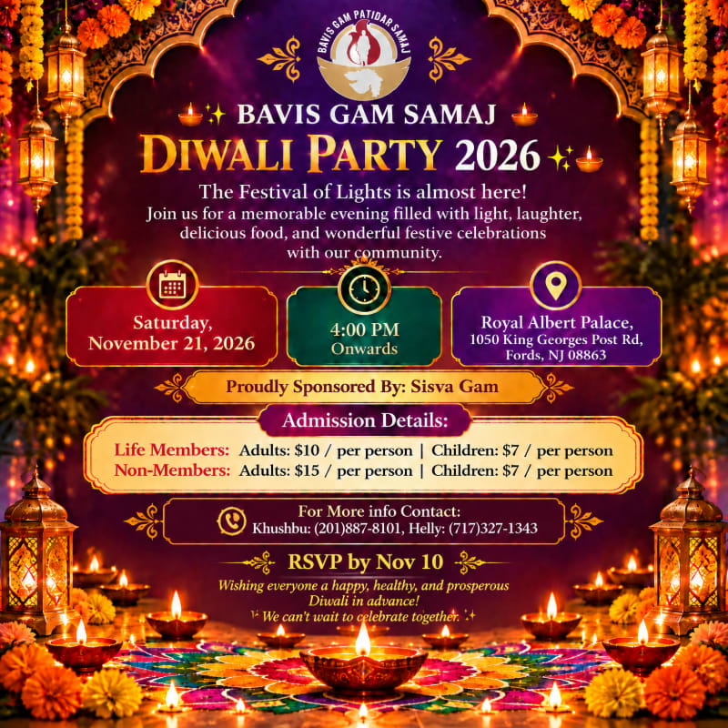 A colorful Diwali party invitation for Bavis Gam Samaj features event details in the center, framed by traditional lanterns, marigold garlands, and glowing diyas against a deep purple background.