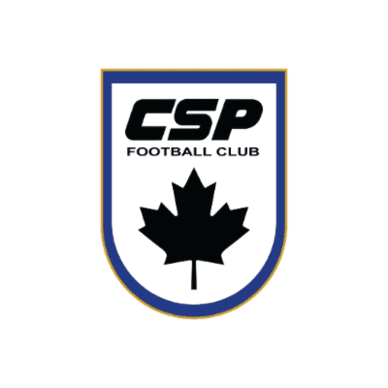 A white shield with a blue border contains the black text "CSP FOOTBALL CLUB" above a black maple leaf, all set against a plain white background.