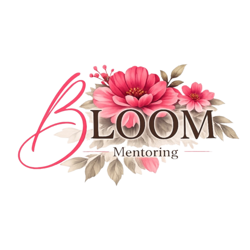 A floral logo featuring the word "BLOOM Mentoring" surrounded by pink flowers and beige leaves against a plain white background.
