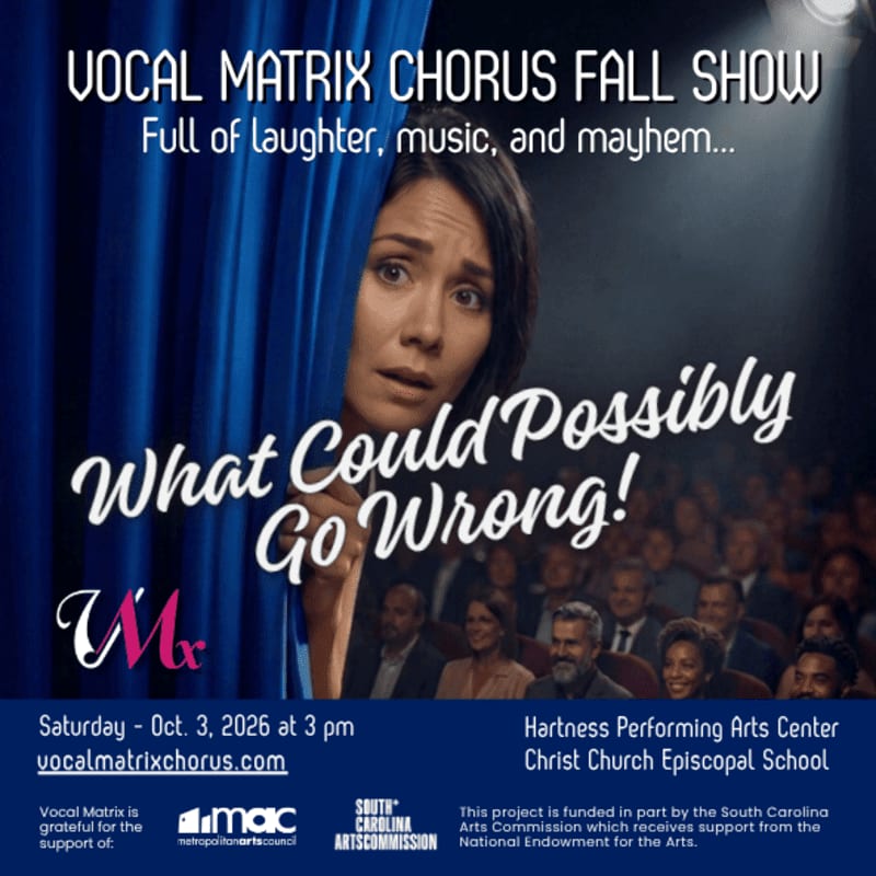 A woman peeks from behind a blue curtain at a seated audience in a theater, advertising the Vocal Matrix Chorus Fall Show.