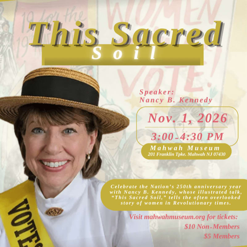 A smiling woman in a straw hat and "VOTE" sash stands in the foreground against a background of suffrage posters and event details for a talk at the Mahwah Museum.