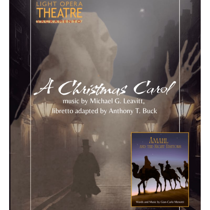 A ghostly figure looms over a man in a top hat walking down a foggy street, with a smaller promotional poster for "Amahl and the Night Visitors" in the lower right foreground.