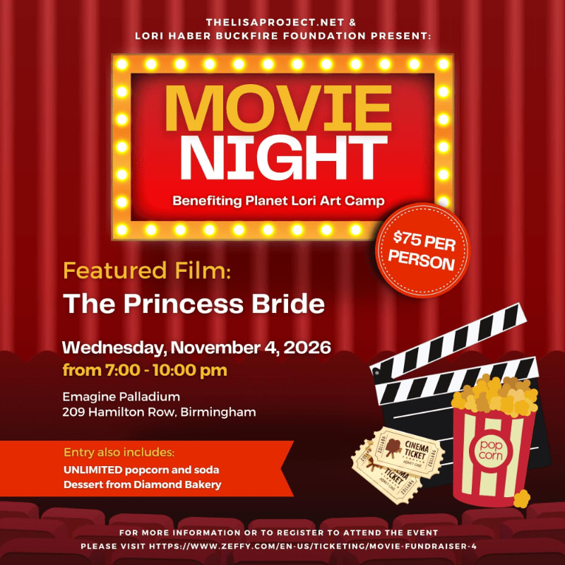 A movie night flyer featuring event details and cinema snacks in the foreground against a background of red theater curtains.