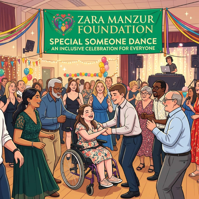 A diverse group of people dance and celebrate in a decorated hall under a large "Zara Manzur Foundation" banner.