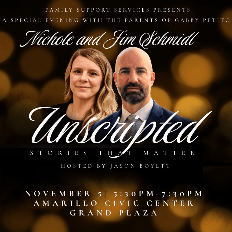 A man and woman stand in the foreground of an event flyer against a background of blurred golden bokeh lights.