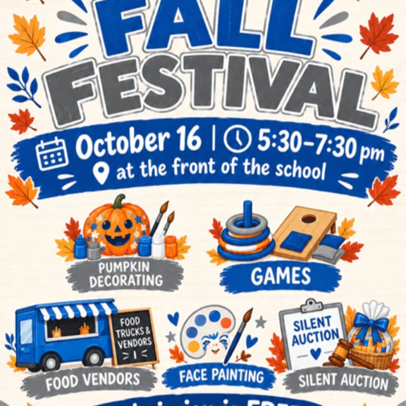 A "Fall Festival" event flyer features event details and autumn leaves in the foreground, set against a light-colored, textured background.