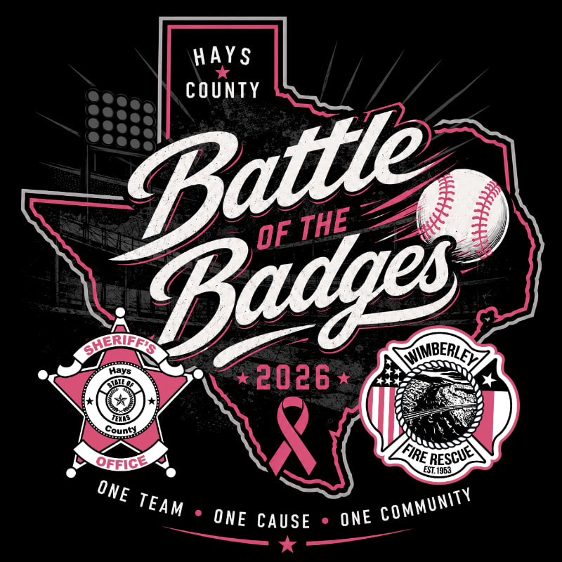 A "Battle of the Badges" logo featuring a baseball and law enforcement emblems in the foreground against a dark background of a stadium.