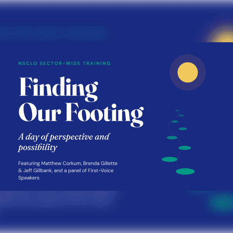 White and yellow text promoting "Finding Our Footing" training sits in the foreground against a dark blue background featuring a yellow sun and a path of green stepping stones.