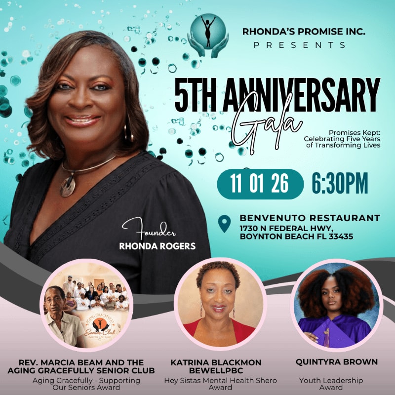 A portrait of Rhonda Rogers and other award recipients is featured in the foreground of a light blue promotional flyer for a 5th anniversary gala.