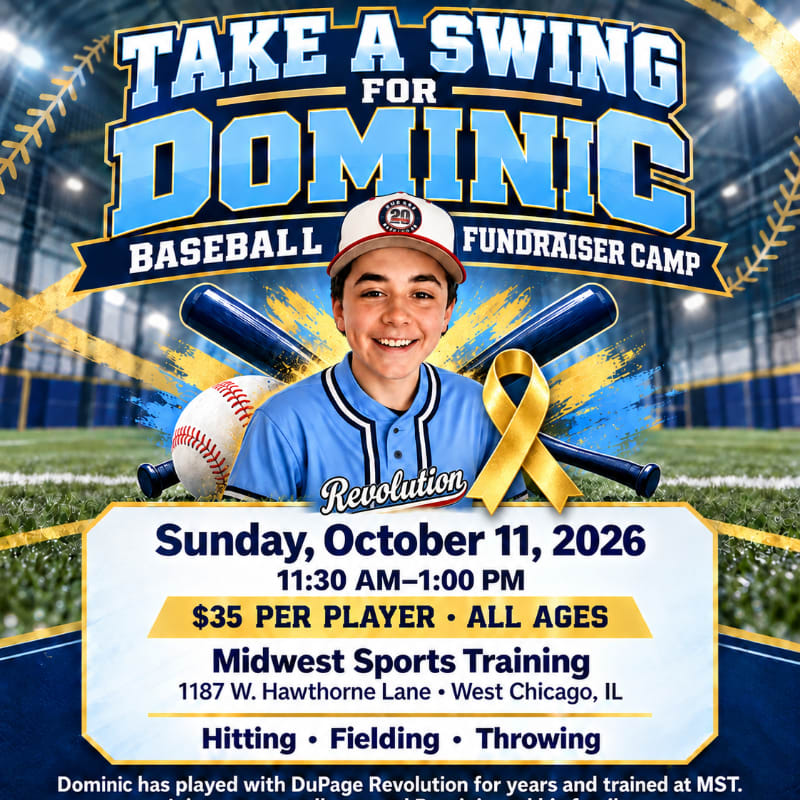 A smiling young boy in a baseball uniform is centered in the foreground, surrounded by baseball equipment and event details, set against the background of an indoor baseball facility.